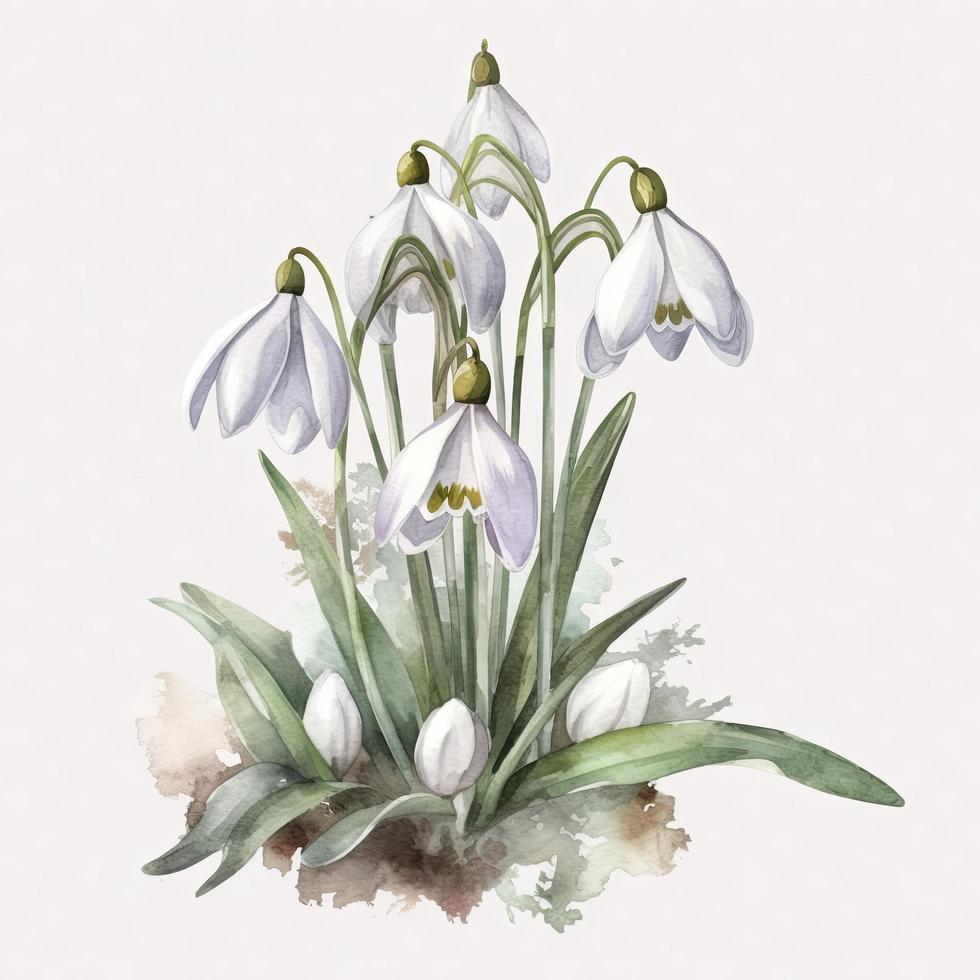 free snowdrops flowers water color, pastel ,white background , generat ai photo