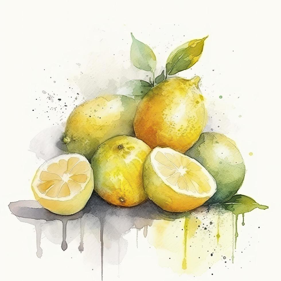 watercolor painting of four lemons on white background, Generate Ai photo