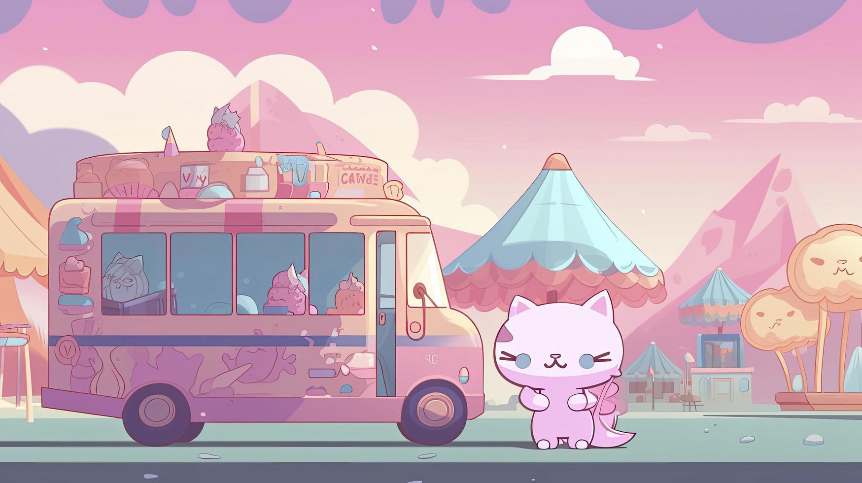 a 2D animated kawaii scene, a cute chibi cat standing in front of an ice cream truck, 2D cartoon style, generat ai photo