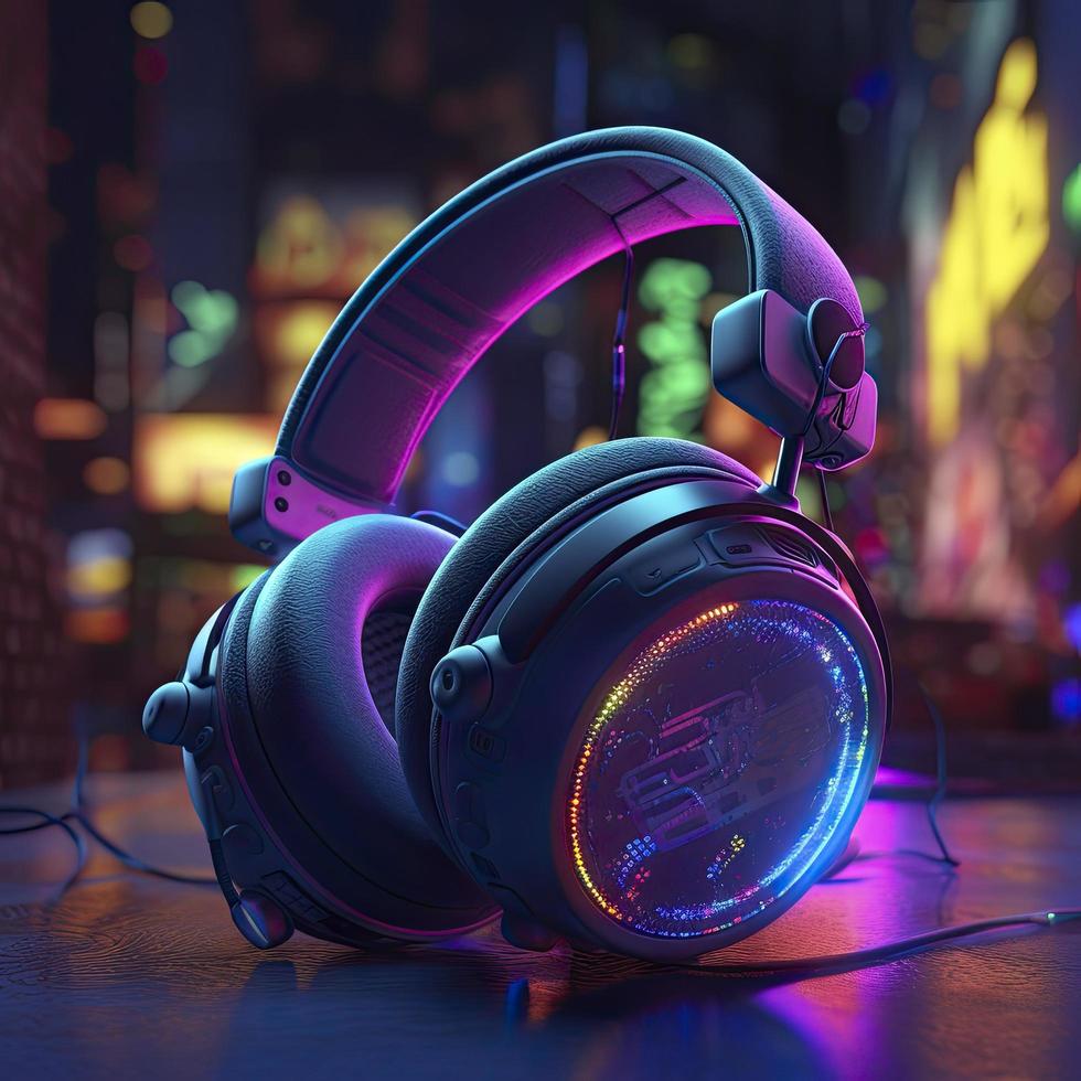 headphones with neon with neon background, generat ai photo