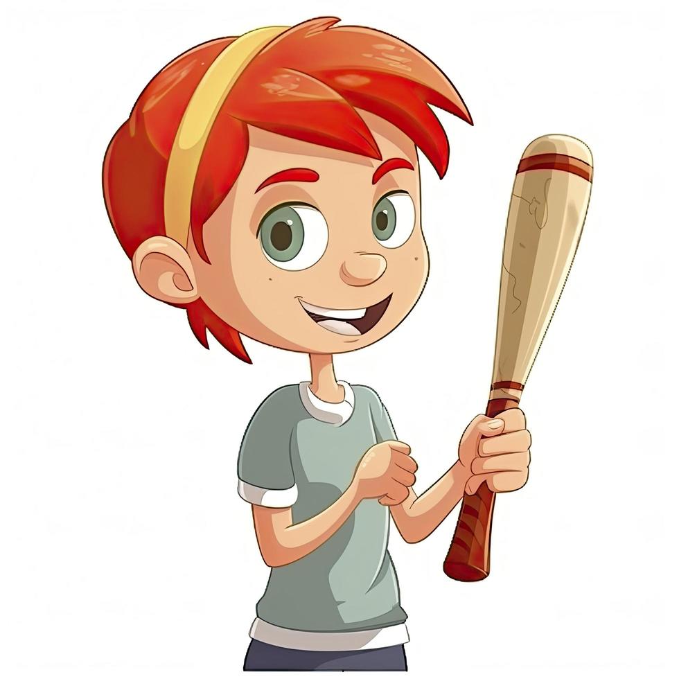 cheerful red-haired girl with a short haircut holds a baseball bat in her hands, generat ai photo