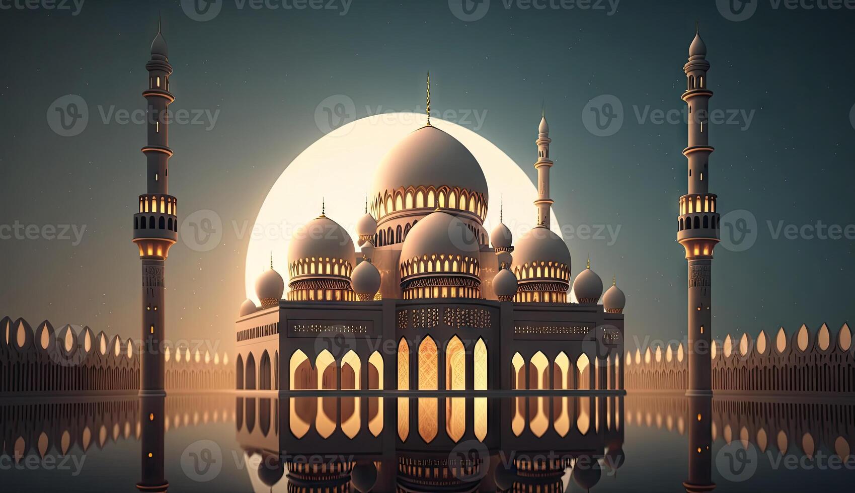 Islamic holiday Ramadan kareem event background, decorate with Arabic lantern, moon, crescent, and mosque dome, festive greeting card design, Eid Mubarak scene, with . photo