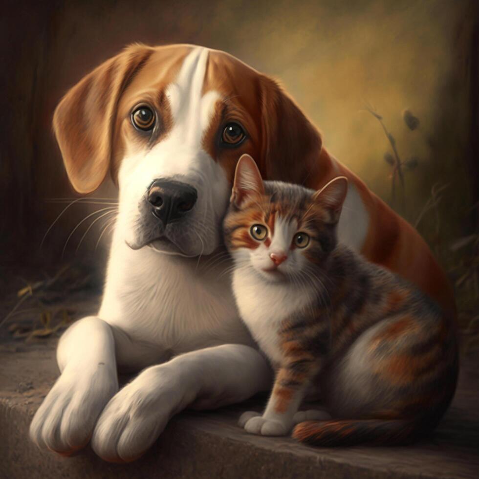 Beautiful dog and a small cat are sitting on a soft white pillow. A kitten and a puppy together at home. Cozy home concept created using photo