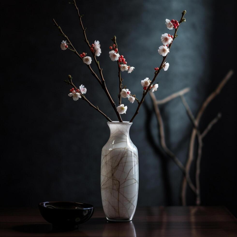 flowering pink cherry branch in vase on white background created using photo