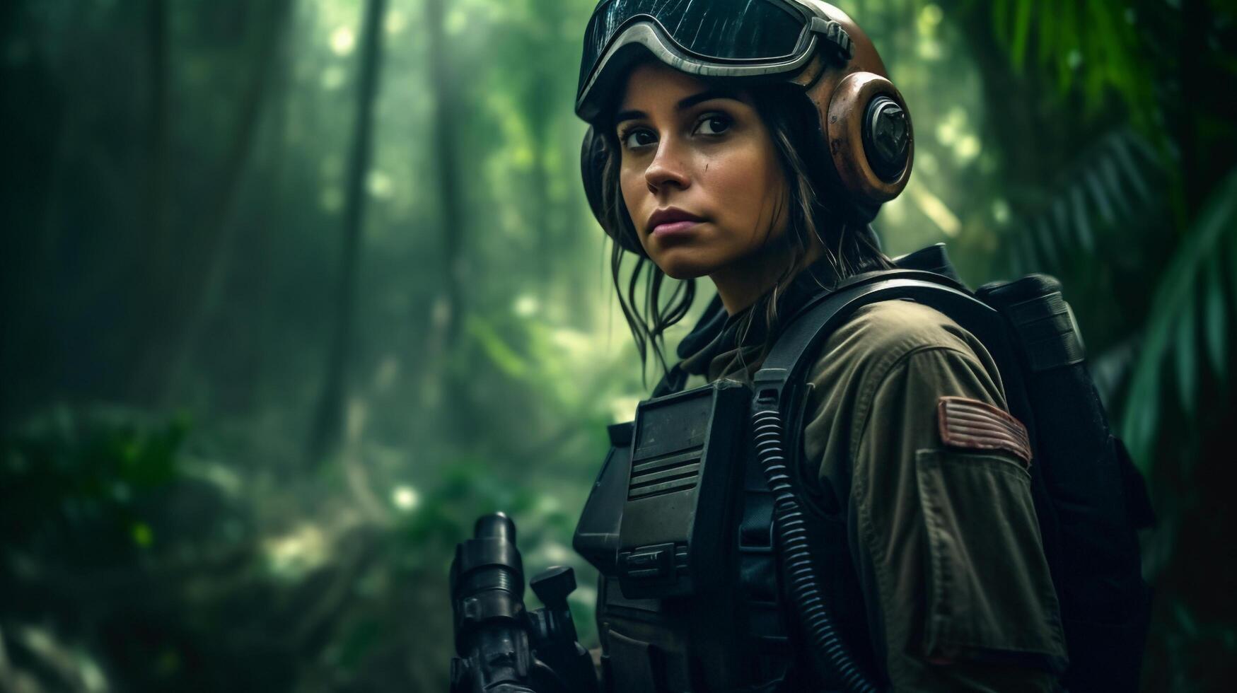 portrait of a military women if the forest created using photo