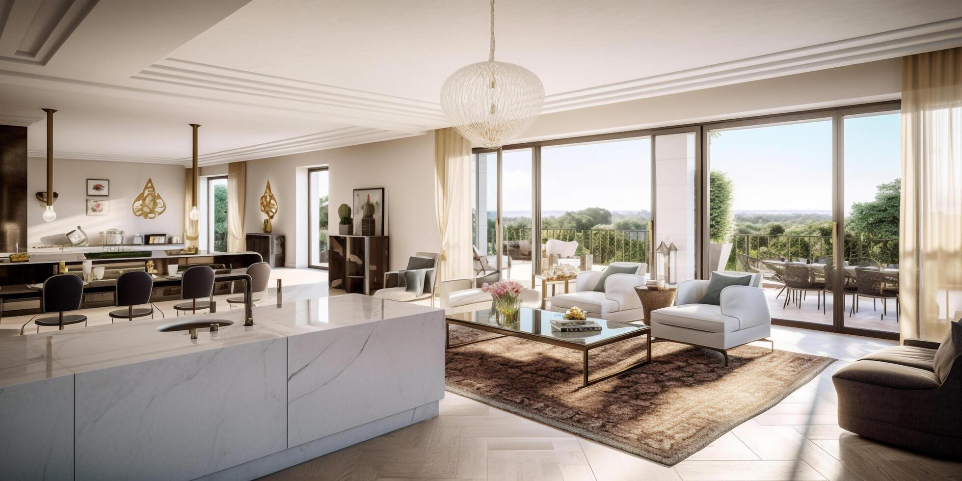 Beautiful living room interior with hardwood floors, view of kitchen and dining room in new luxury home created using photo