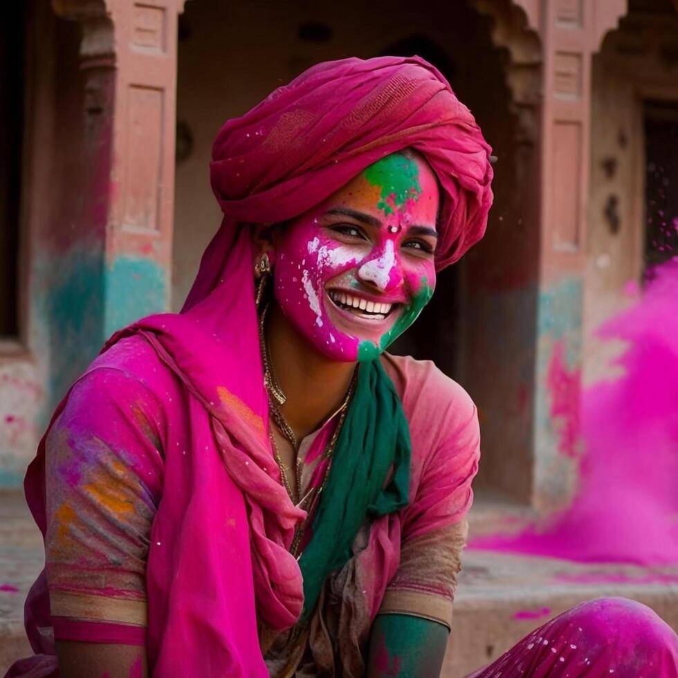 Portrait of young Indian Woman celebrating Holi color festival created using created using photo