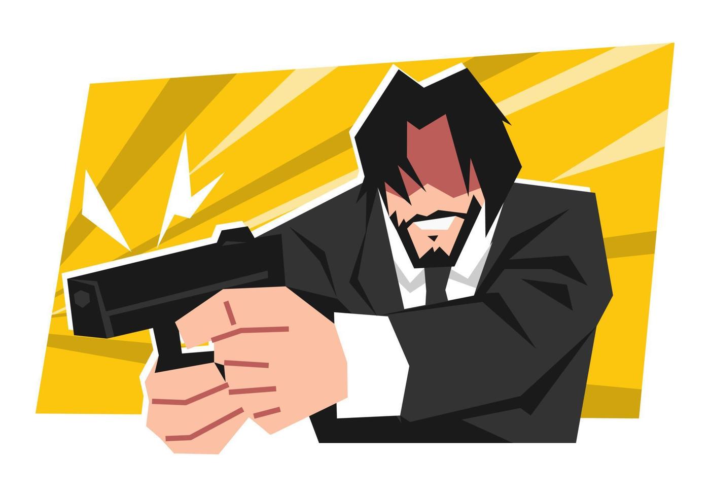 male contract killer smiling and holding handgun. adult male hitman shooting. wear a neat suit. flat vector illustration