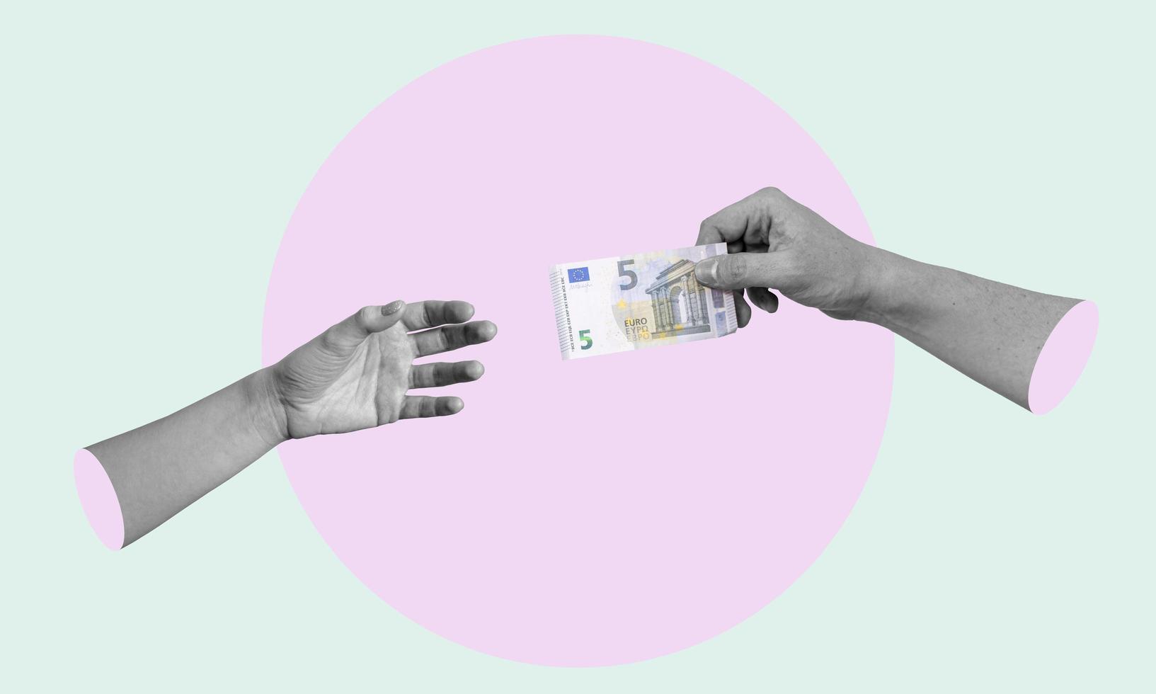 Arte collage, manos con dinero, manos con euros alcanzando para dinero. foto