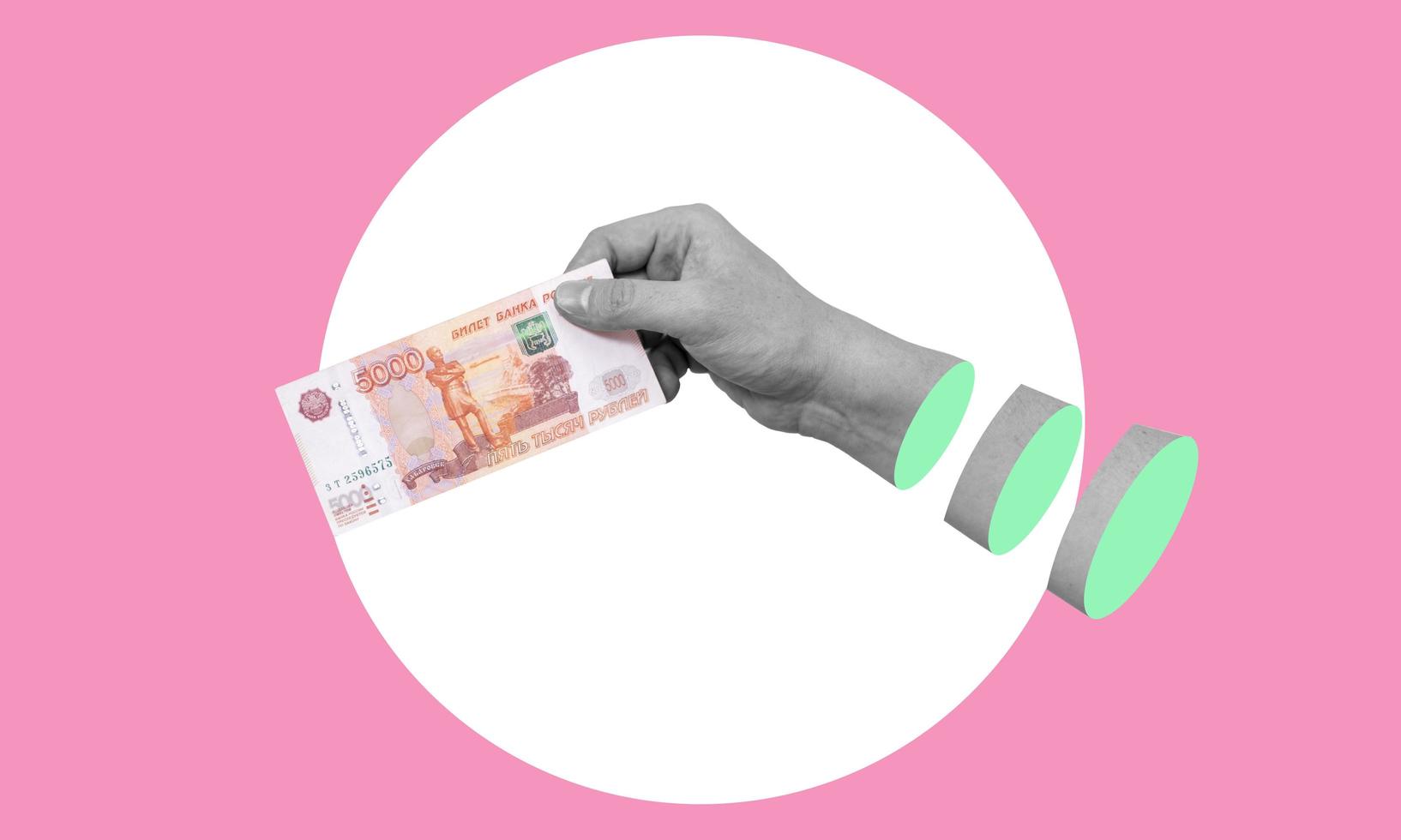 Art collage, hands with money, with Russian money on a pink background. photo