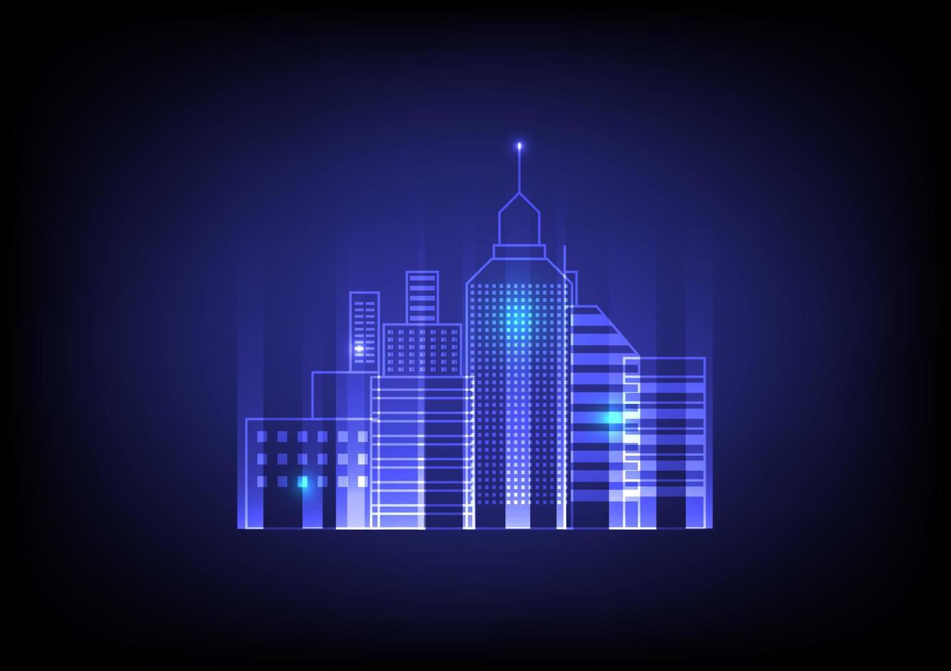 Abstract digital building cityscape illustration with glowing lights vector background