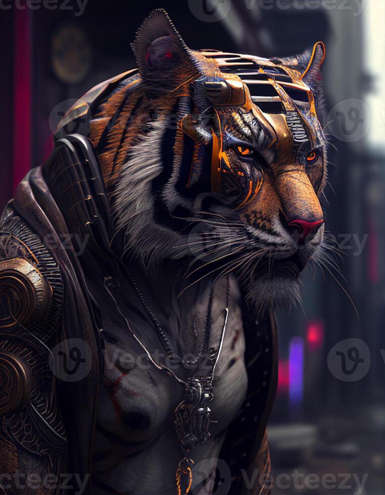 Cyberpunk tiger realistic illustration created with ai tools photo