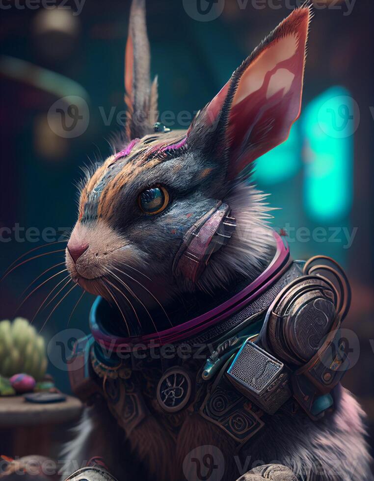 Cyberpunk rabbit realistic illustration created with ai tools photo