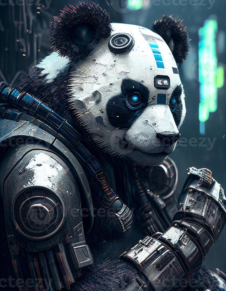 Cyberpunk panda realistic illustration created with ai tools photo