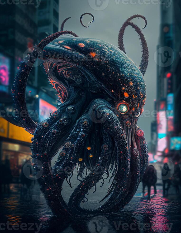 Cyberpunk octopus with neon light created with ai tools photo