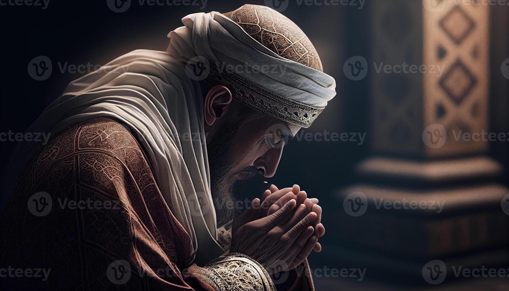 Illustration of Muslim man praying in the mosque created with ai tools photo