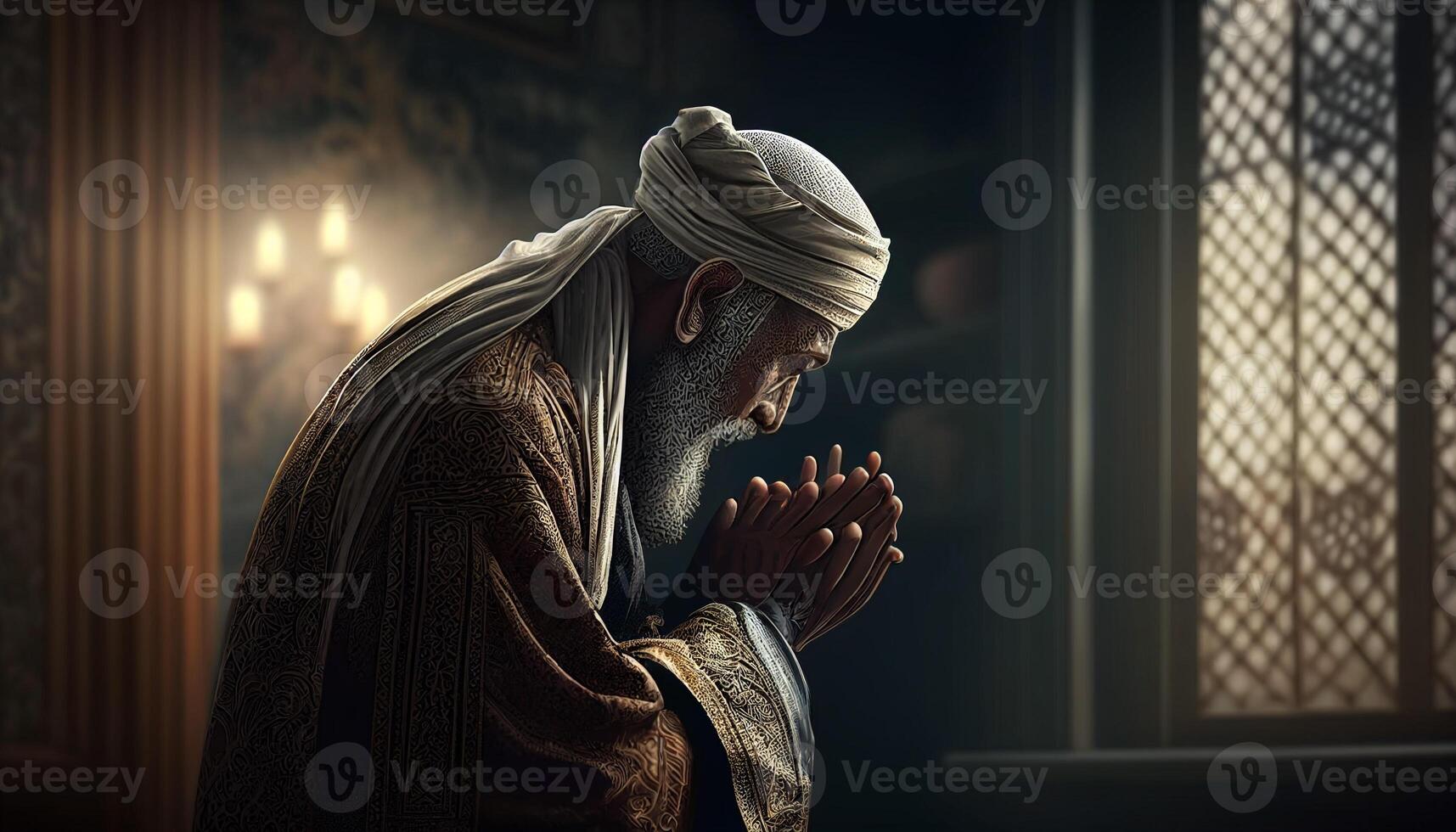 Illustration of Muslim man praying in the mosque created with ai tools photo