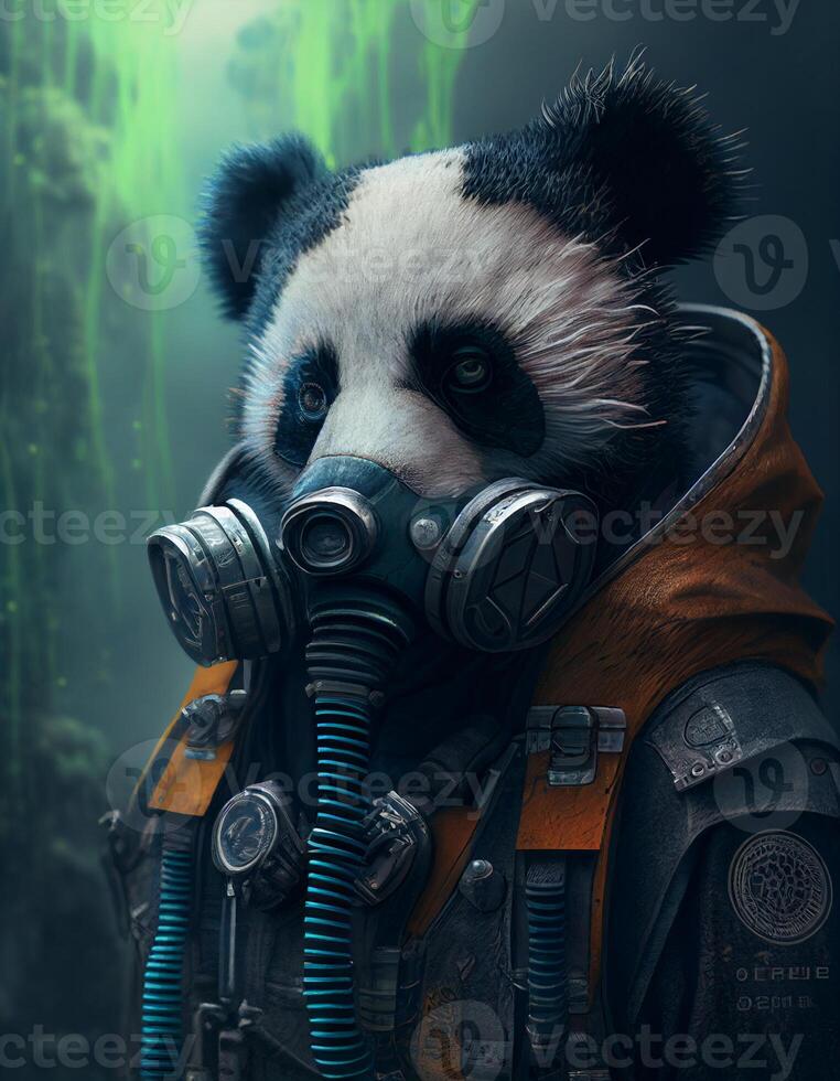 Cyberpunk panda wearing breating apparatus created with ai tools photo