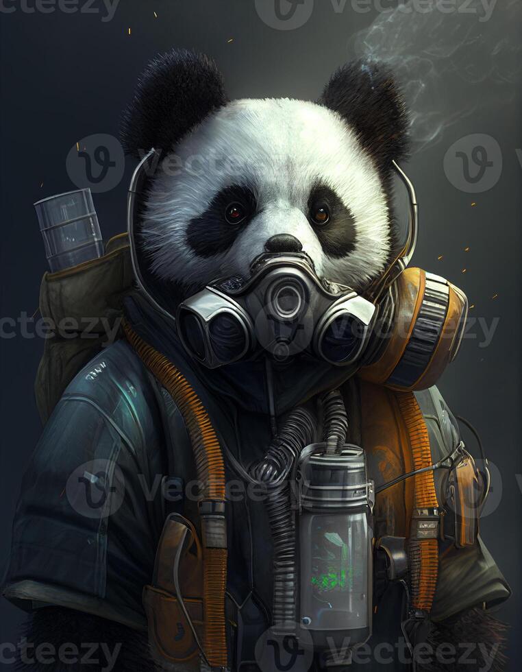 Cyberpunk panda wearing breating apparatus created with ai tools photo