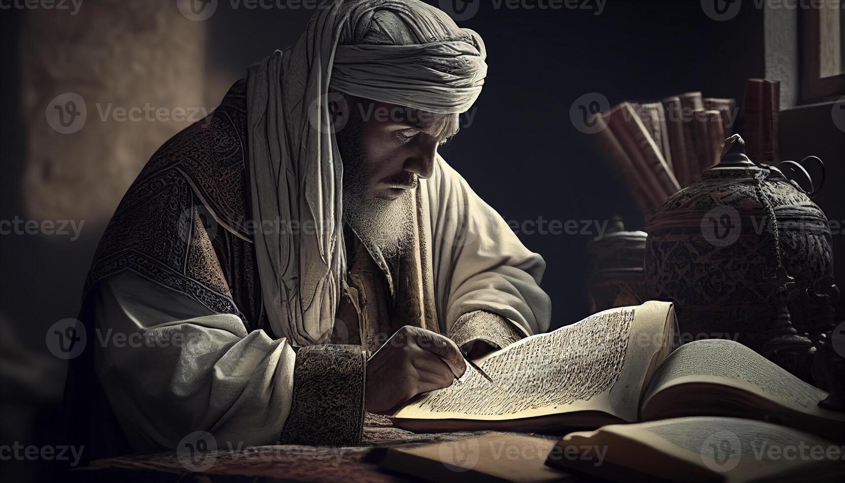 ilustración de musulmán hombre leyendo Al Quran creado con ai herramientas foto