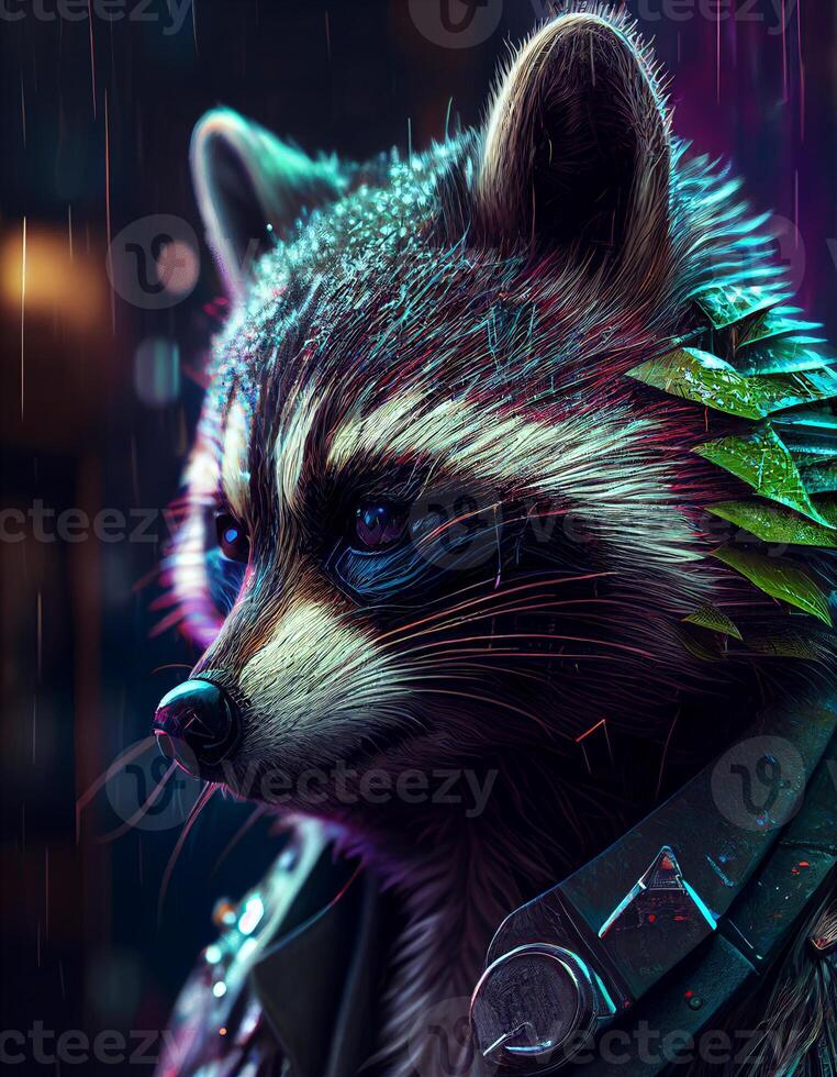 Cyberpunk racoon realistic illustration created with ai tools photo