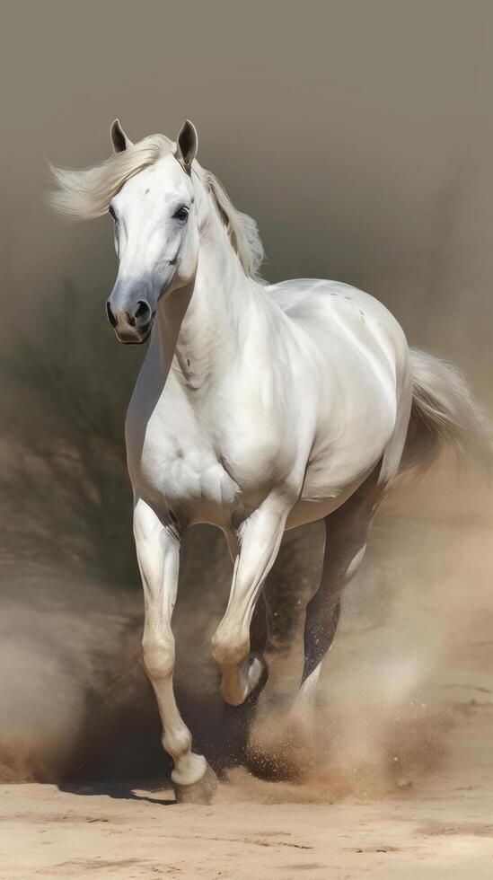 blanco caballo Galopando en el desierto. ilustración ai generativo foto