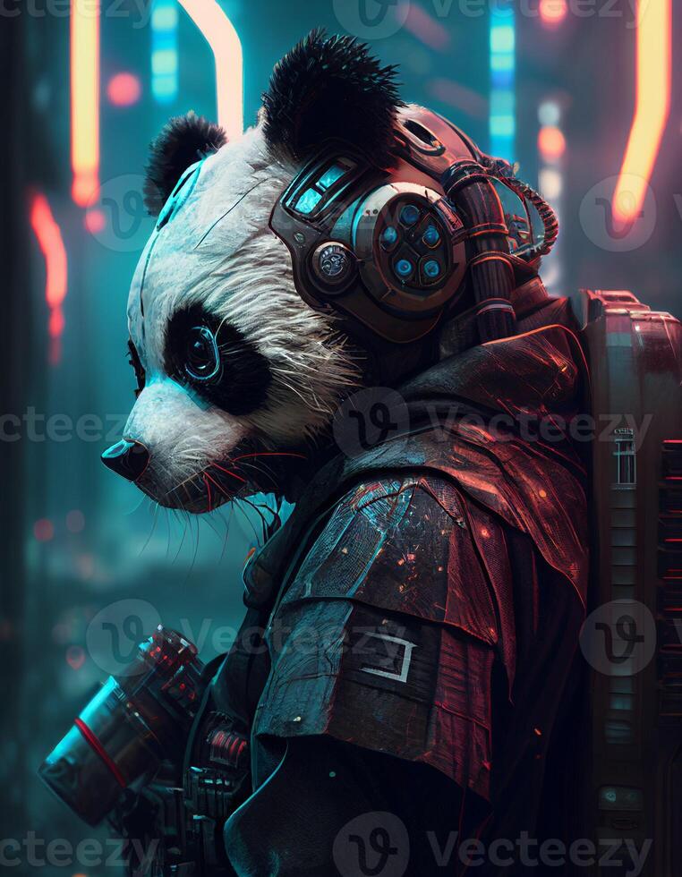 Cyberpunk panda realistic illustration created with ai tools photo