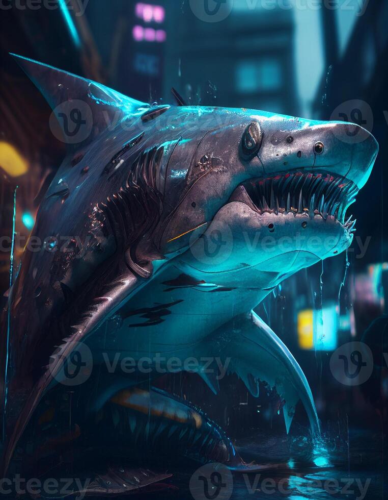 Cyberpunk shark realistic illustration created with ai tools photo