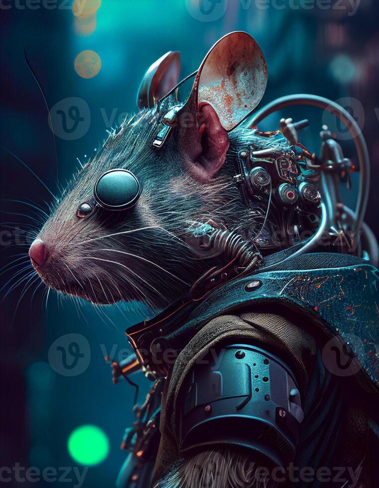 Cyberpunk mouse rat realistic illustration created with ai tools photo