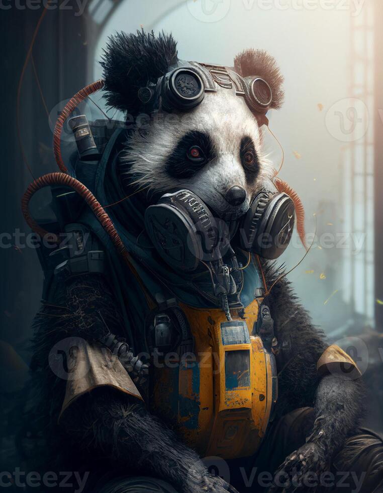Cyberpunk panda wearing breating apparatus created with ai tools photo