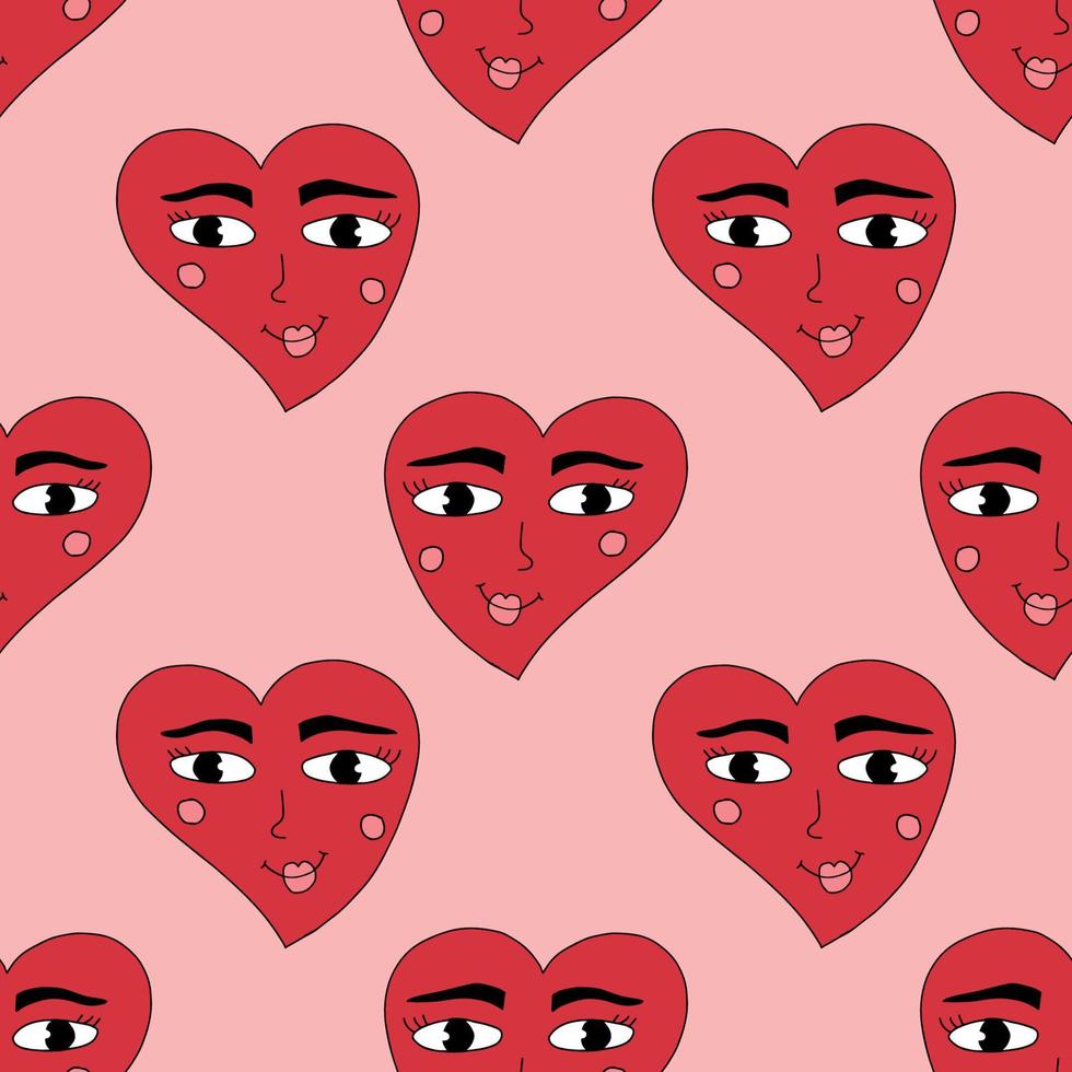 Cute happy groovy heart shape with face seamless pattern. Festive love background. vector