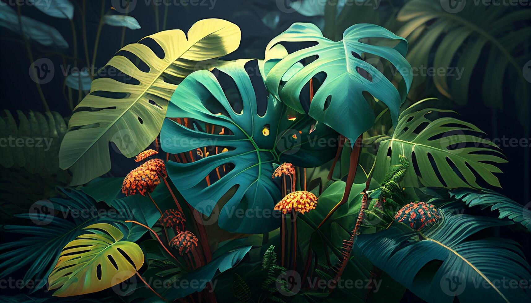 Colorful tropical leaves background created with ai tools photo