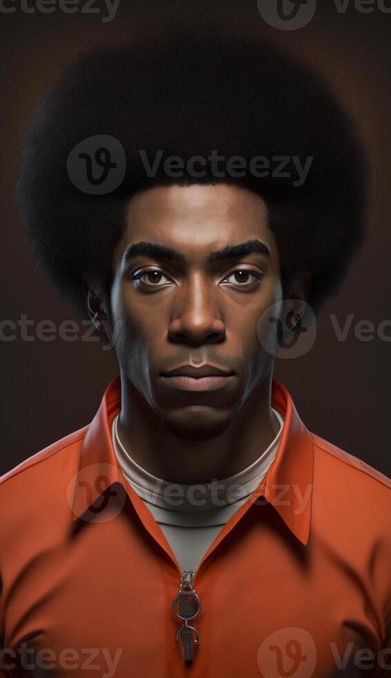 ultra realistic 3d illustration of a black skinned afro haired adult man wearing prison clothes with a straight expression, photo