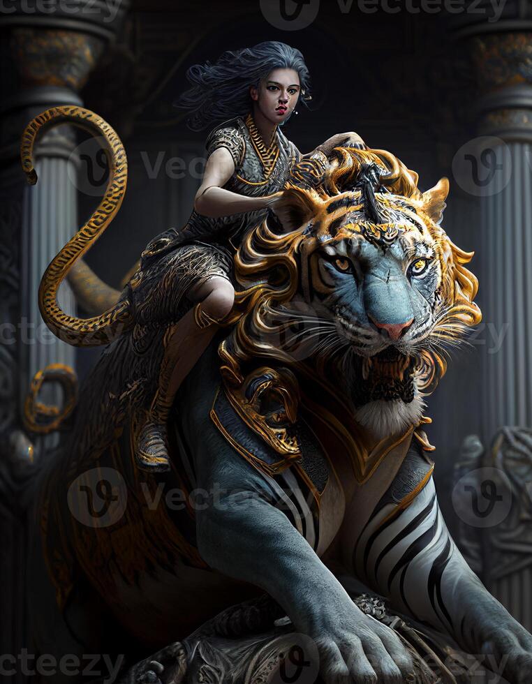 Women riding tiger realistic illustration created with ai tools photo