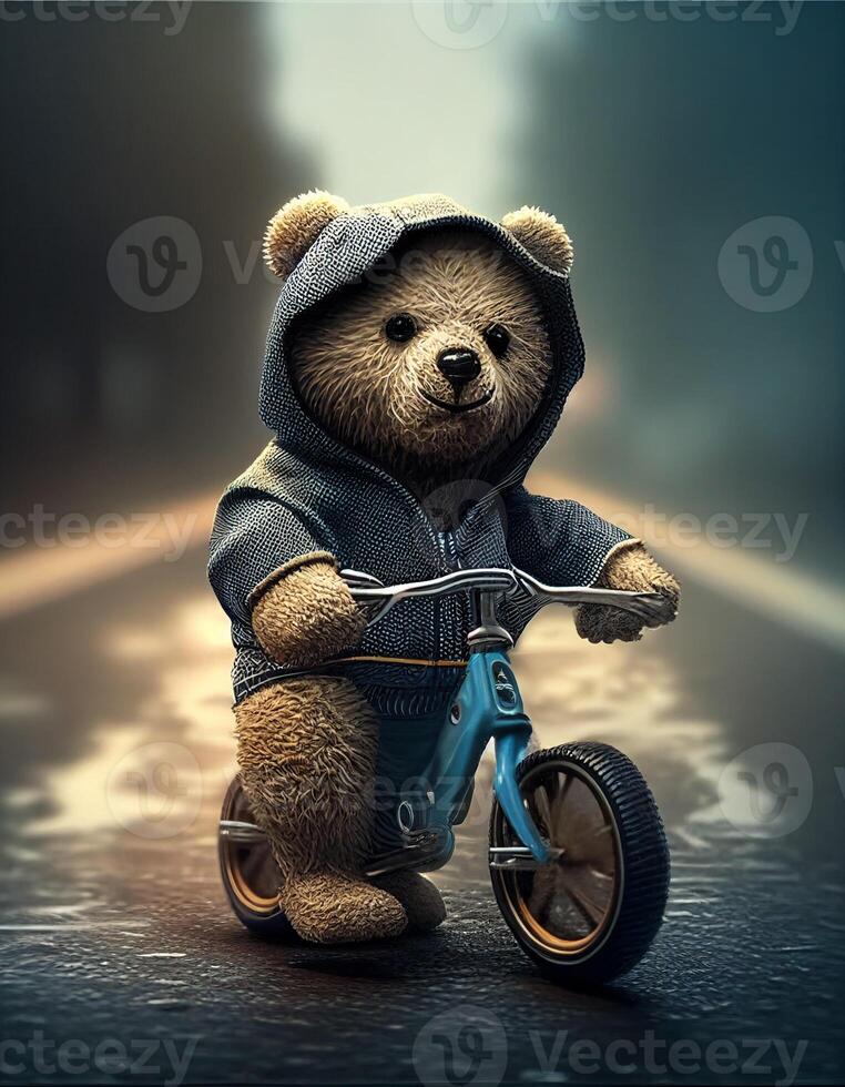 Teddy bear riding a bike created with ai tools photo