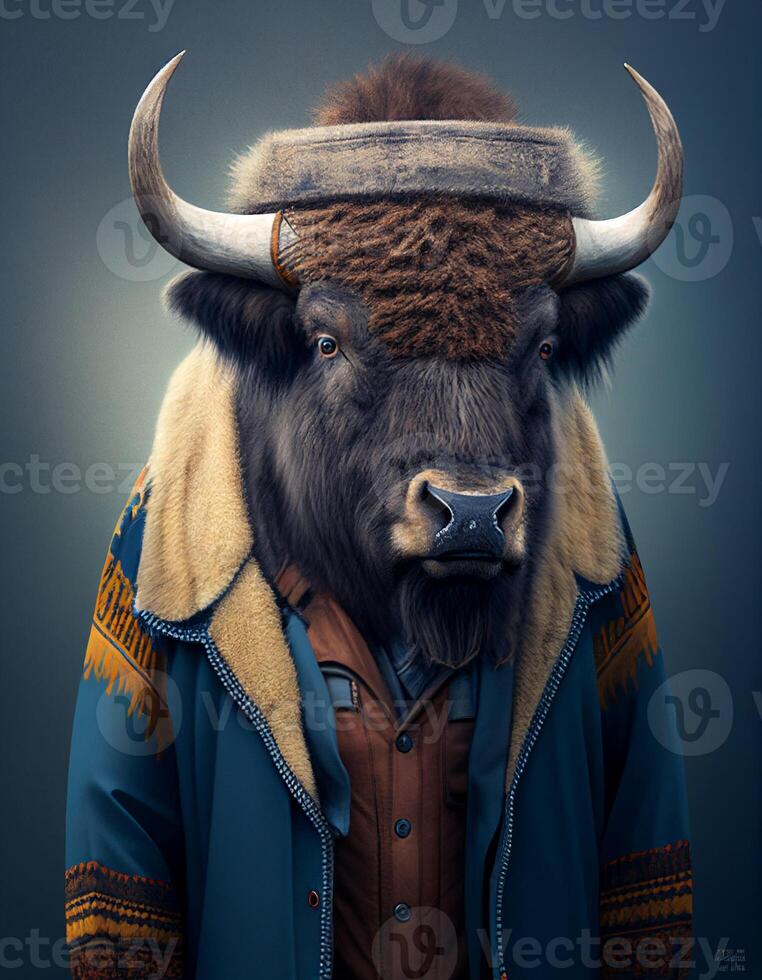 Buffalo wearing fashionable outfit created with ai tools photo