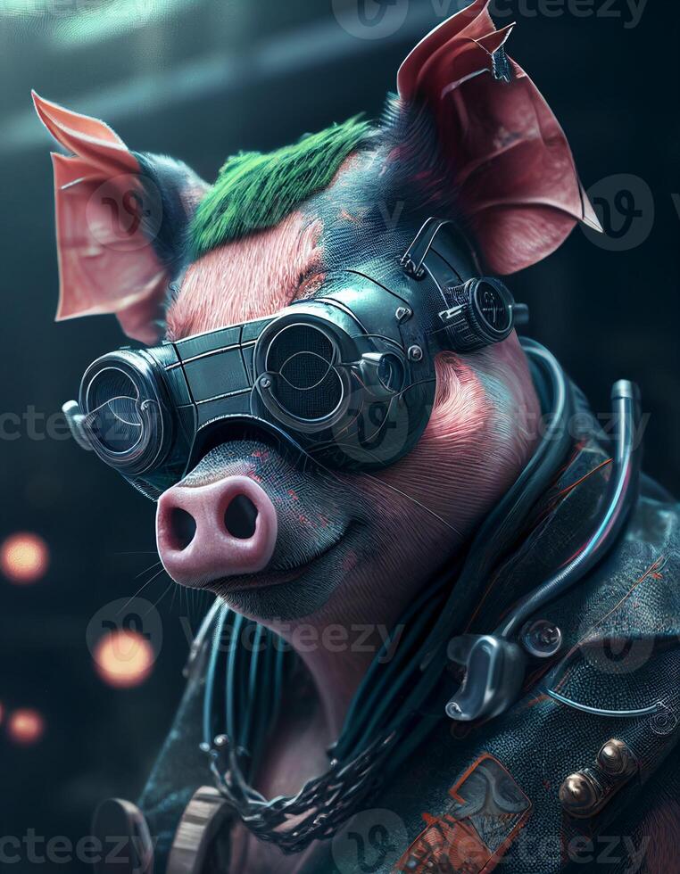 Cyberpunk pig realistic illustration created with ai tools photo
