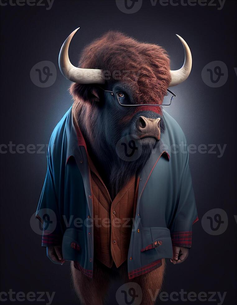 Buffalo wearing fashionable outfit created with ai tools photo