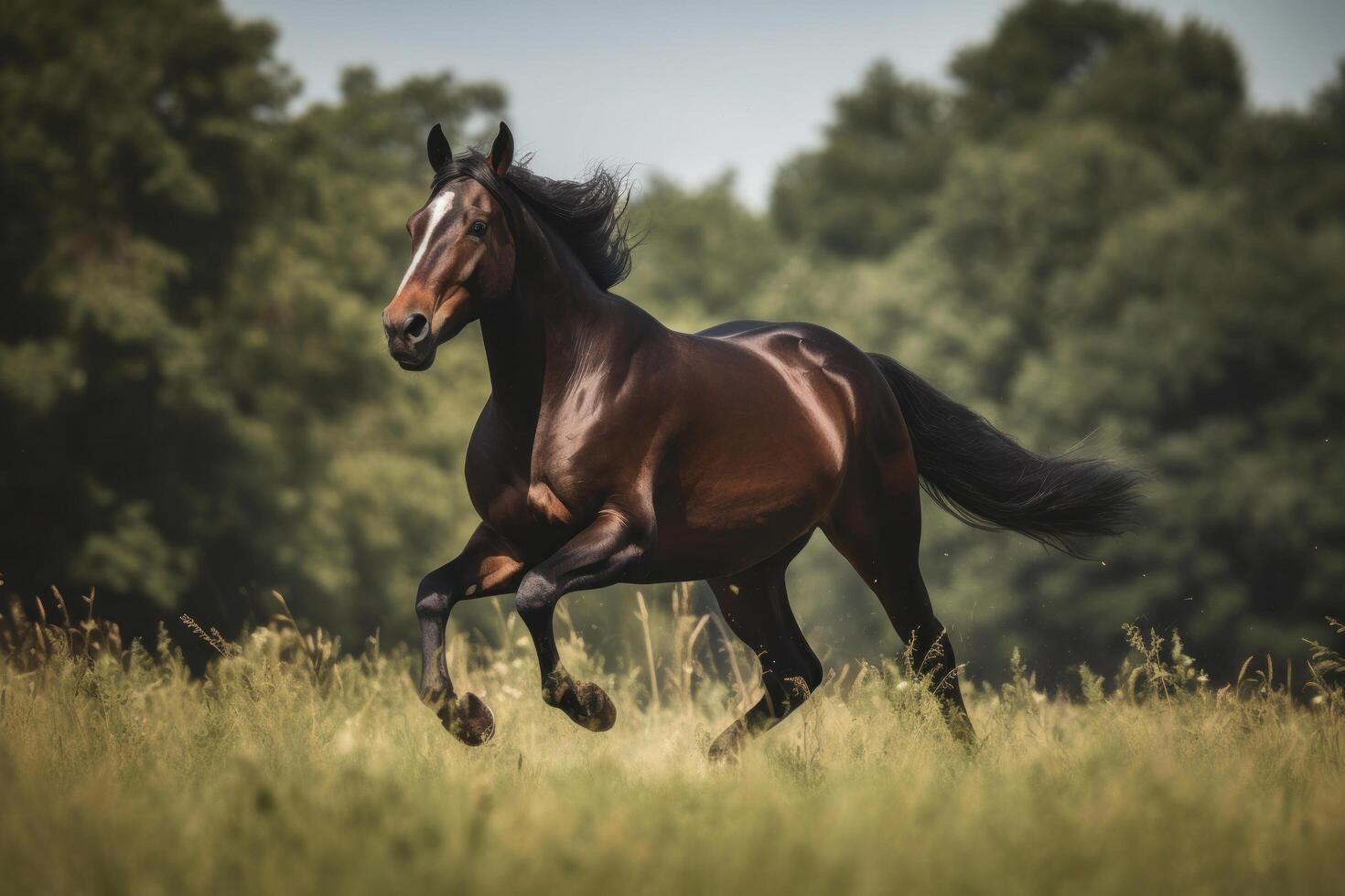 marrón caballo Galopando en el campo. ilustración ai generativo foto