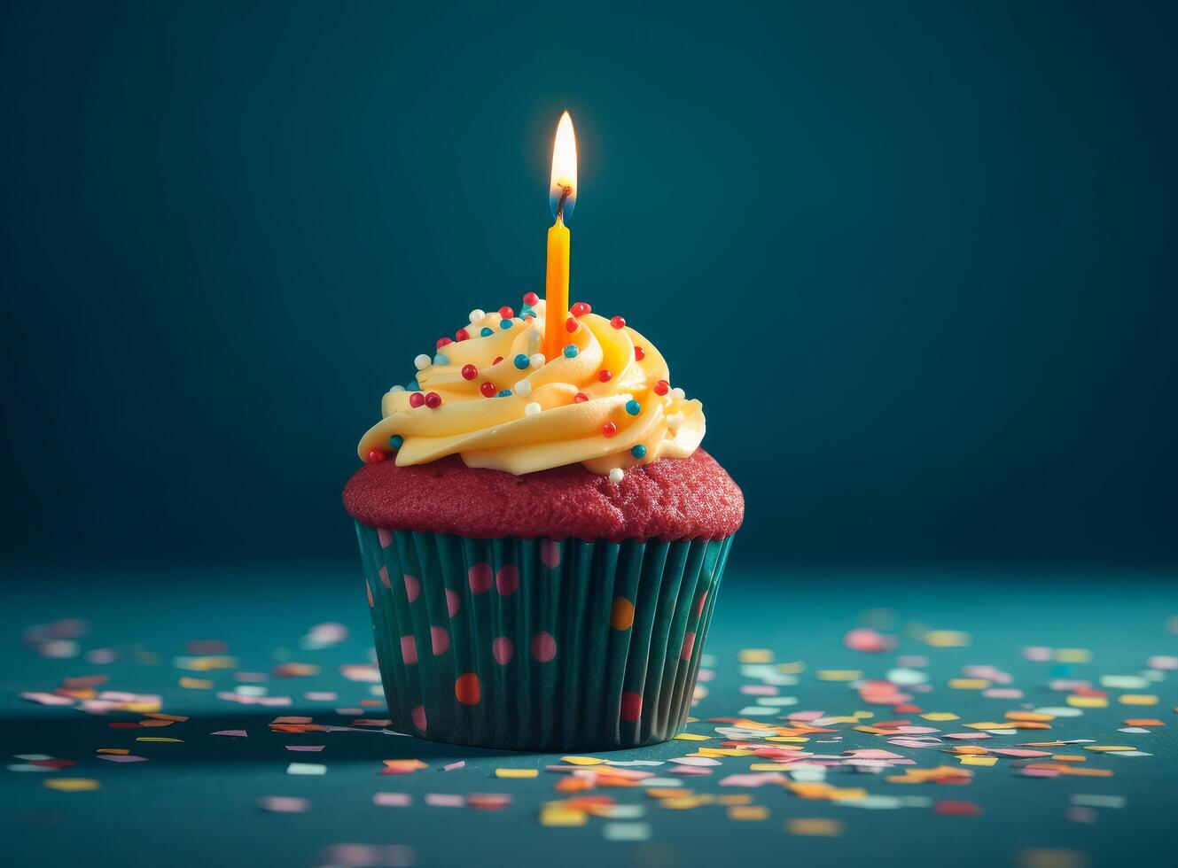 Birthday cupcake with candle. Illustration photo