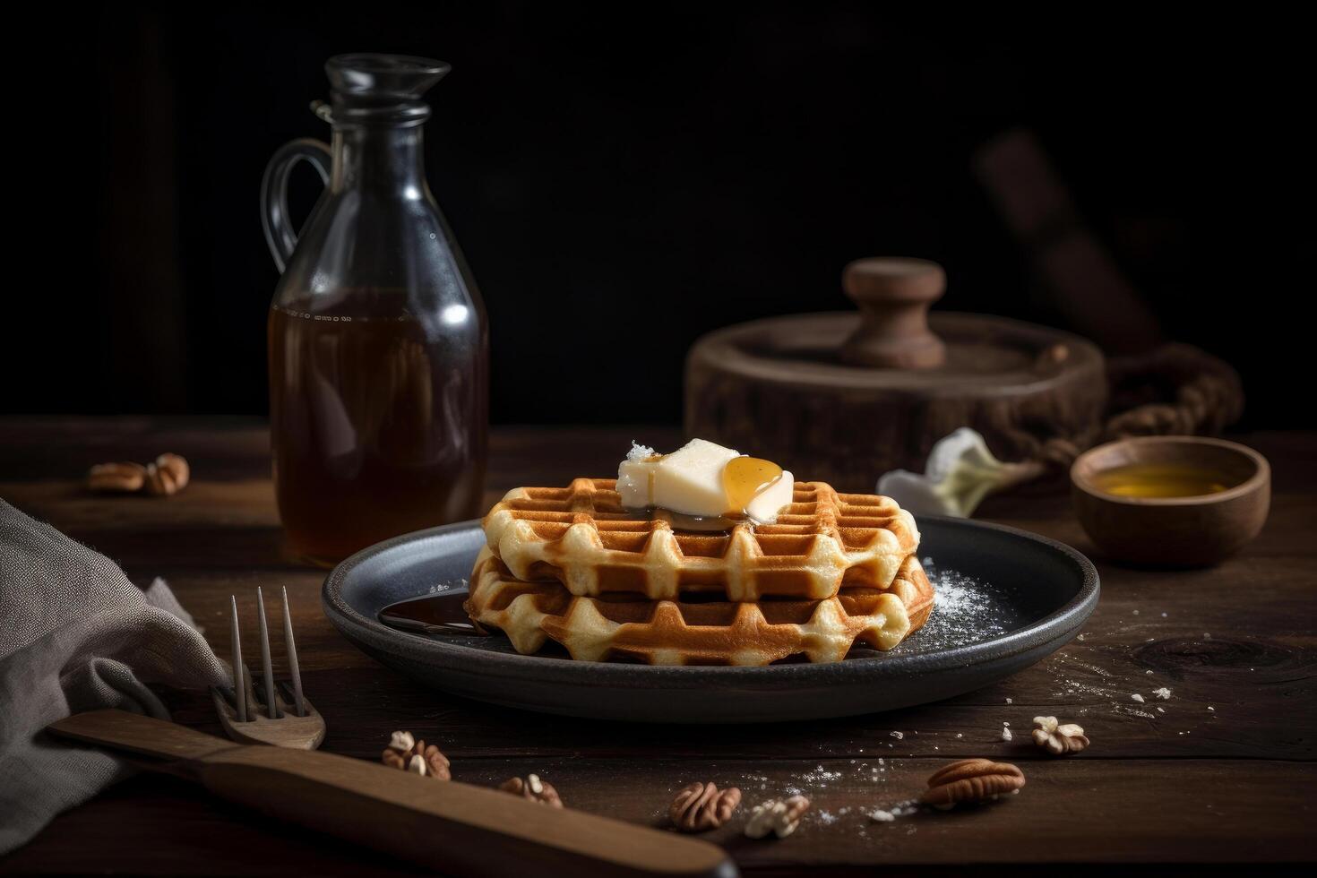 Waffle with butter and maple syrup Illustration photo