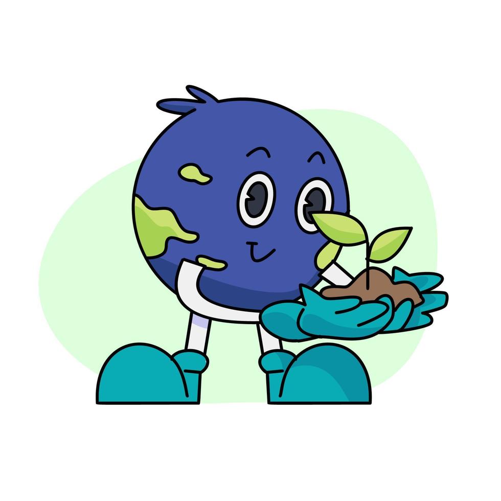 Vintage happy cute Earth planet character mascot holding a small plant. Vector illustration