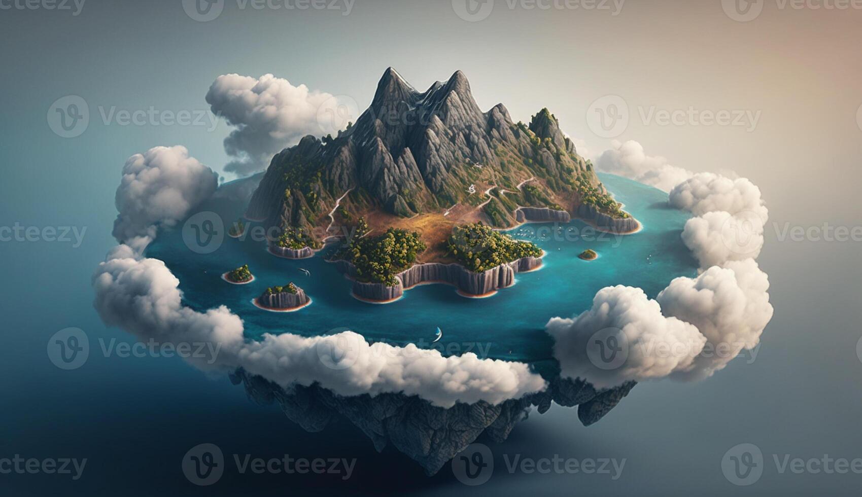 3d illustration of island above the clouds, photo