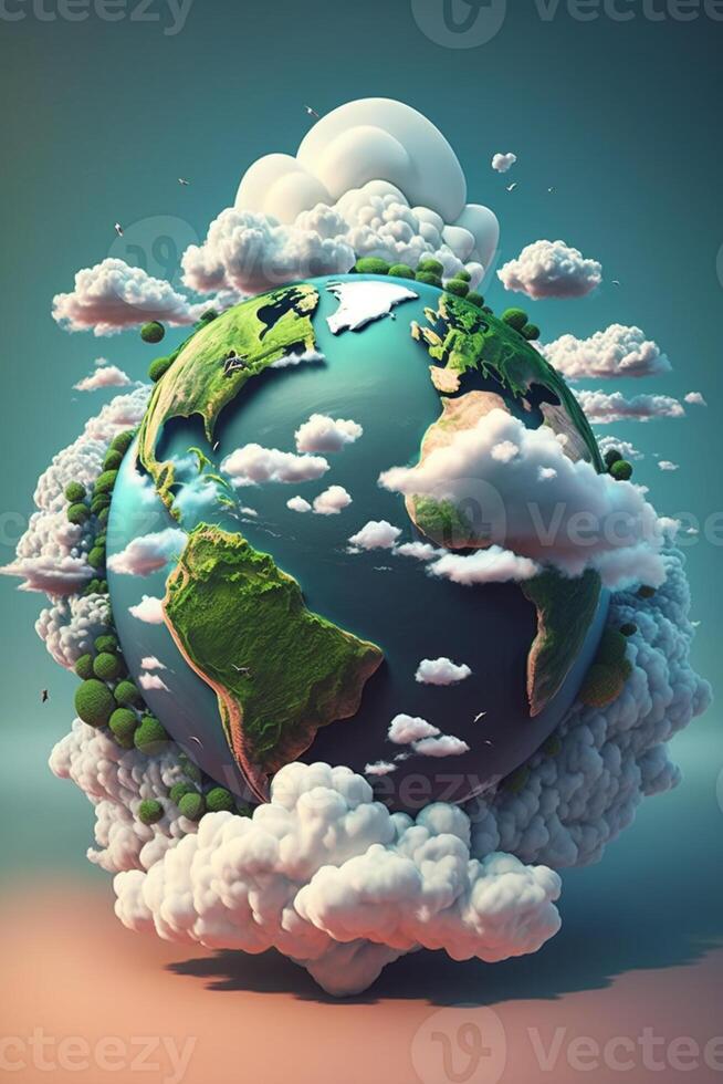 3d ultra realistic cartoon illustration of planet earth surrounded by clouds, photo