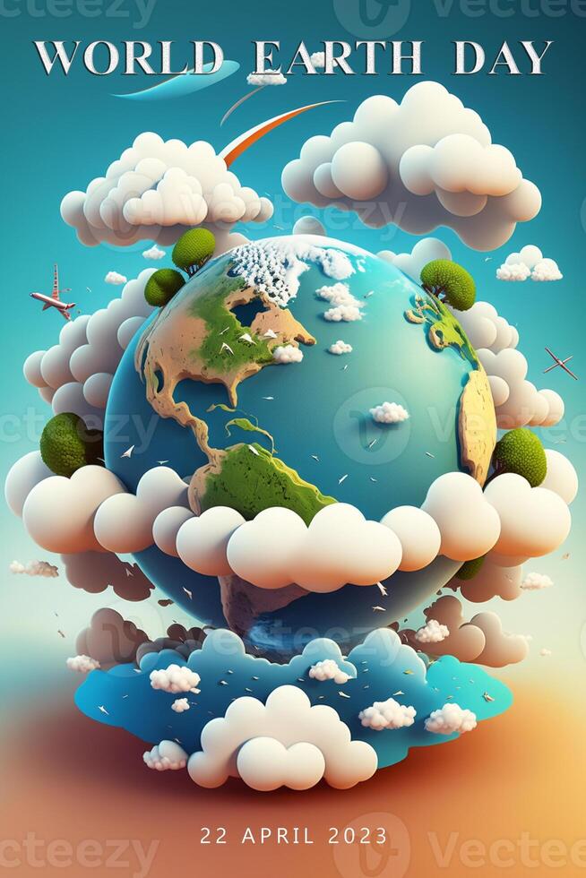 3d ultra realistic cartoon illustration of planet earth surrounded by clouds, photo