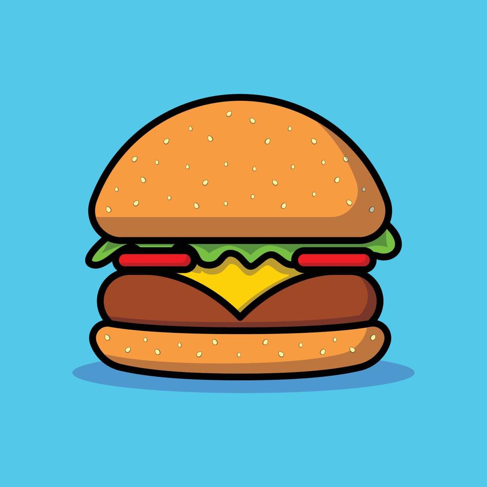 Hot Juicy Delicious Burger. Burger isolated on Blue background. Isolated Icon Food Burger. For your design. Cartoon flat design vector