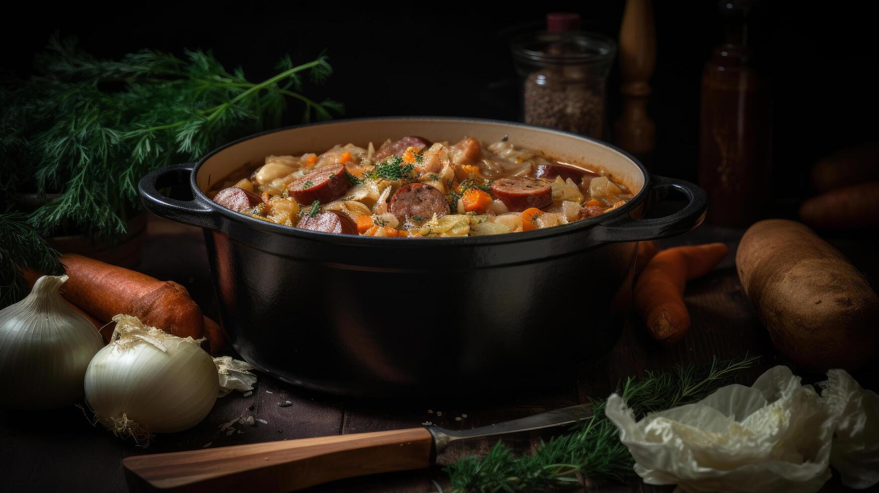 Cabbage stew with sausage Illustration photo