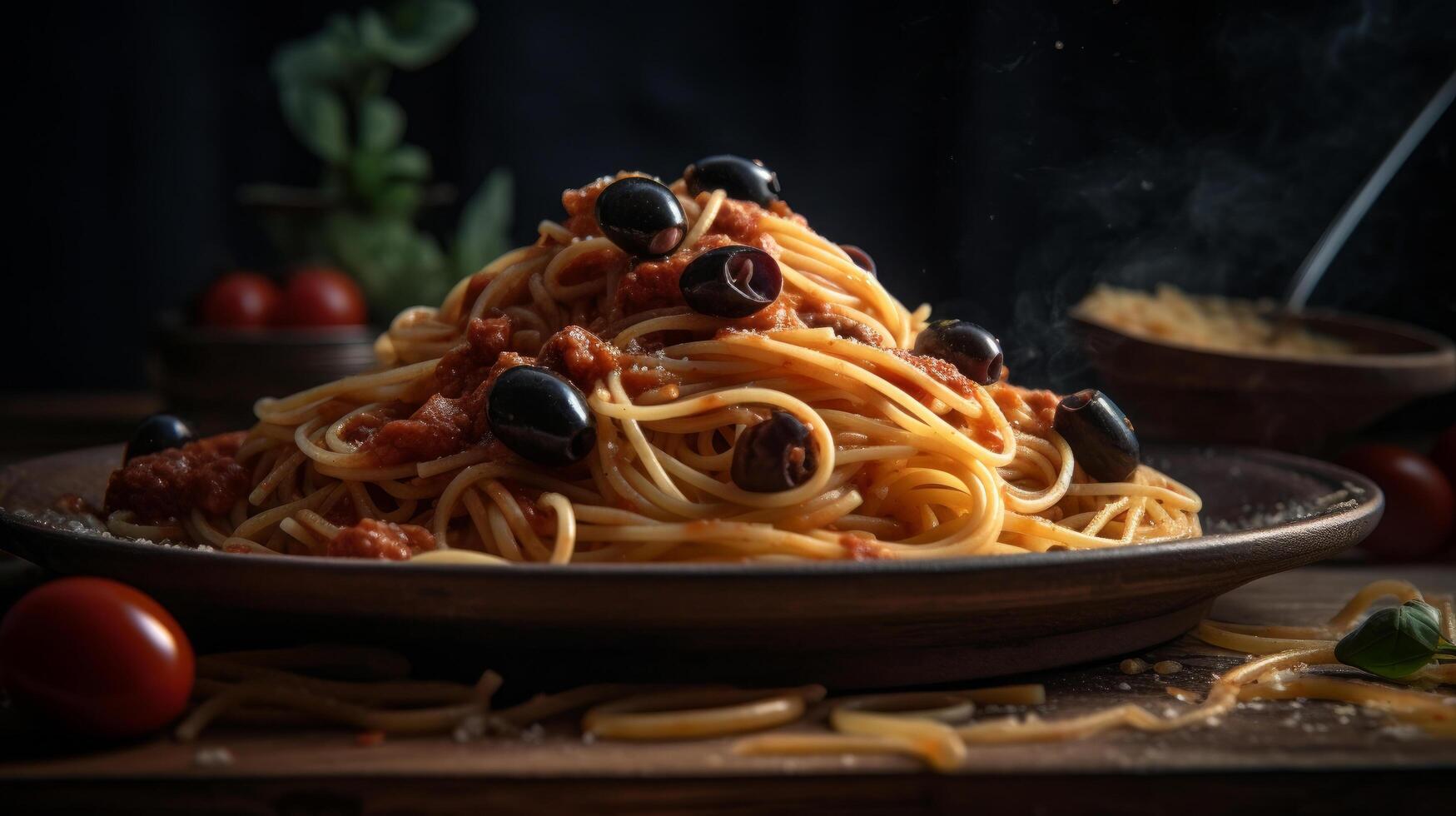 italiano espaguetis puttanesca pasta. ilustración ai generativo foto
