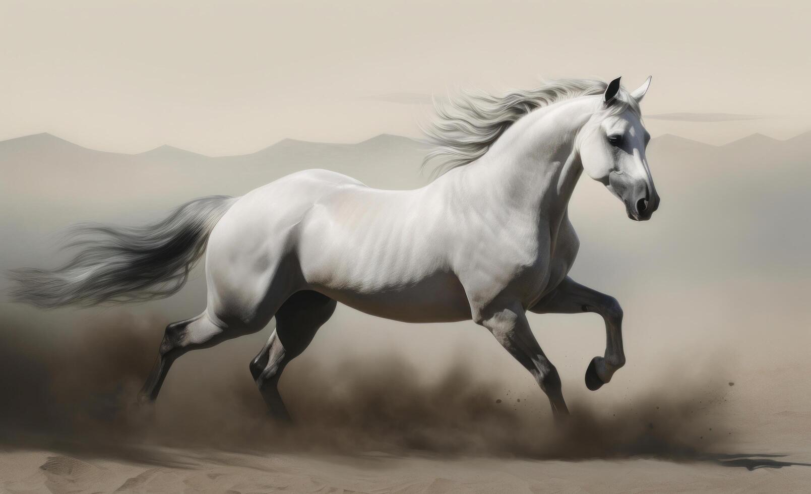 White horse galloping in the desert. Illustration photo