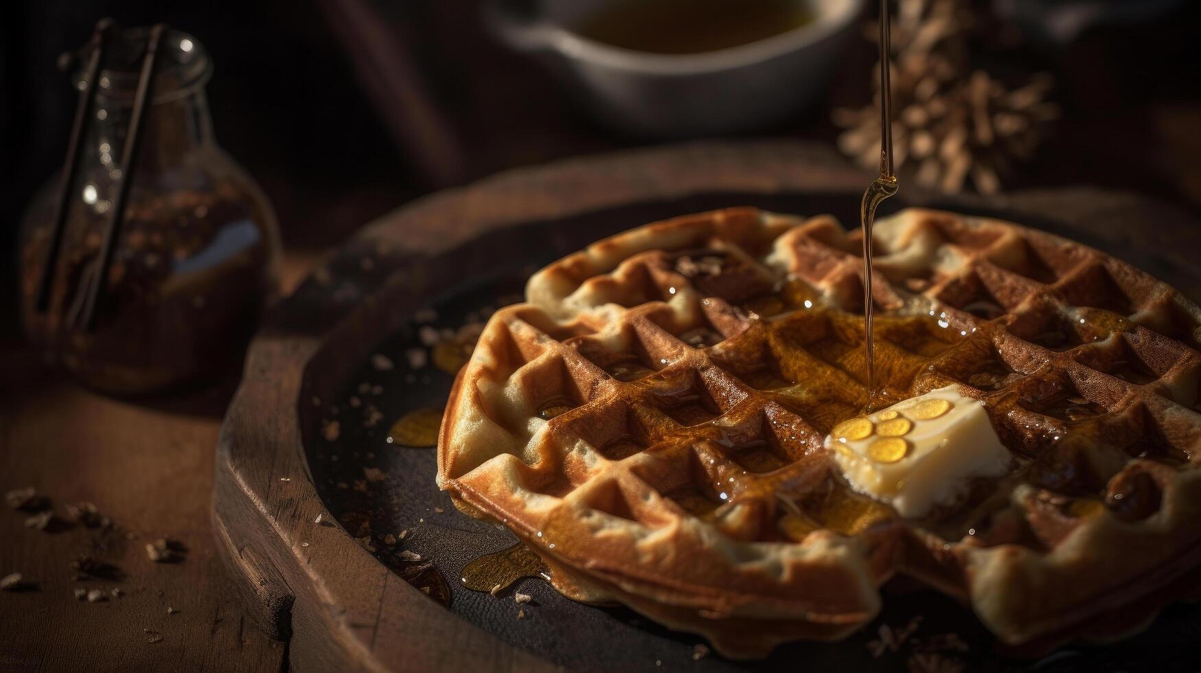 Waffle with butter and maple syrup Illustration photo